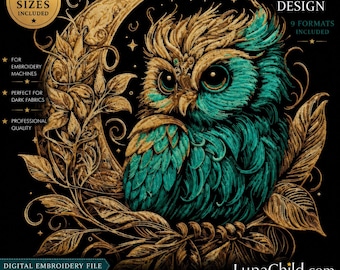 Mystical Owl in the Moon Embroidery Design “Eulalia” | Owl Embroidery for Dark Fabrics | 8 Sizes | 2 Versions
