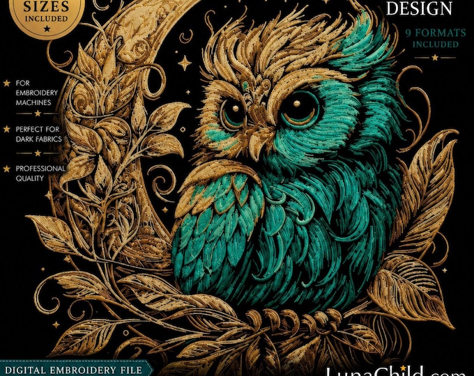 Mystical Owl in the Moon Embroidery Design “Eulalia” | Owl Embroidery for Dark Fabrics | 8 Sizes | 2 Versions