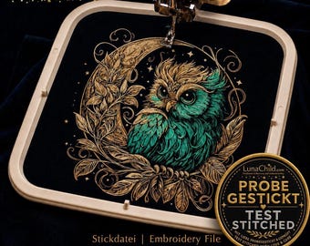 Mystical Owl Moon Embroidery Design "Eulalia" • Detailed Owl Embroidery Pattern • For Dark Fabrics • 8 Sizes • LunaChild