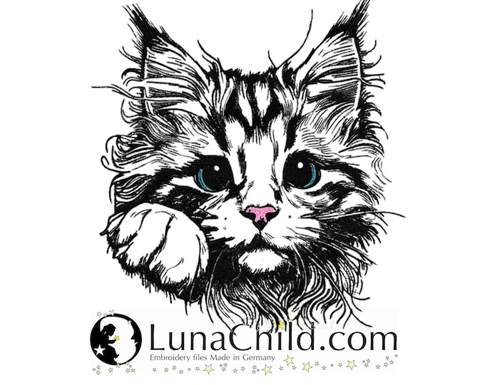 NEU Stickdatei Maine Coon Katze Kätzchen "Tabby" Kitten Pfote realistisch kommerzielle Nutzung LunaChild