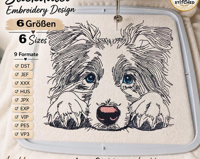 Border Collie Embroidery Design “Vera” | Realistic LIGHT Dog Design for Light Fabrics | 6 Sizes | 2 Versions