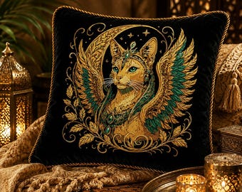 Sphynx Cat in the Moon Embroidery Design “Nubis” | Mystical Cat Machine Embroidery for Black Fabric | 8 Sizes | 2 Versions