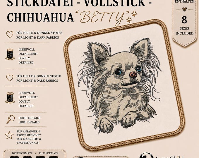 Stickdatei Vollstick Chihuahua „Betty“ – Chihuahua Embroidery Design – 8 Größen – LunaChild