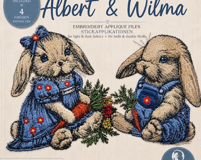 Stickdatei Applikation Set Hase „Albert“ & „Wilma“ – Bunny Embroidery Design – 4 Größen – LunaChild