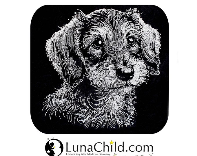Embroidery file rough-haired dachshund puppy dachshund "Fonzie" dog realistic for dark fabrics commercial use LunaChild