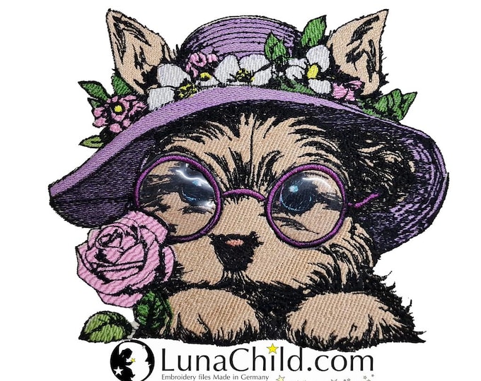 Stickdatei - Vollstick - Yorkshire Terrier Welpe "Elisa" mit Brille und Hut - Für helle & dunkle Stoffe - Hund - LunaChild
