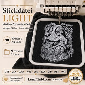 Australian Shepherd Embroidery Design “Isaac” | Realistic LIGHT Aussie for Black Fabrics | V1 10 Sizes | V2 8 Sizes