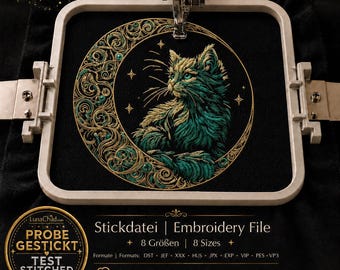 Cat in Moon Embroidery Design "Marbel" • Mystical Cat Embroidery Pattern • Moon Cat Machine Embroidery File • 8 Sizes • LunaChild