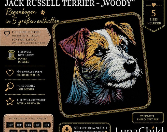 Stickdatei Jack Russell Terrier „Woody“ – Regenbogen Hund Stickmotiv – 5 Größen – LunaChild