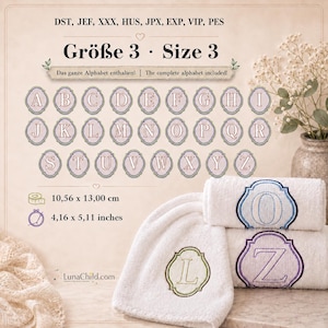 May include: An embroidery design set featuring the alphabet in a decorative frame. Includes file formats DST, JEF, XXX, HUS, JPX, EXP, VIP, PES. Size 3 measures 4.16 x 5.11 inches. Shown are white towels embroidered with letters L, O, and Z.
