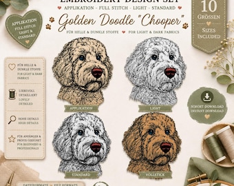 Stickdatei Set Golden Doodle „Chooper“ – Applikation, Vollstick, Standard & Light – 10 Größen - LunaChild