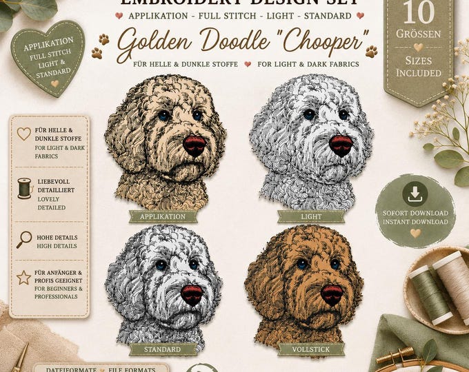 Stickdatei Set Golden Doodle „Chooper“ – Applikation, Vollstick, Standard & Light – 10 Größen - LunaChild