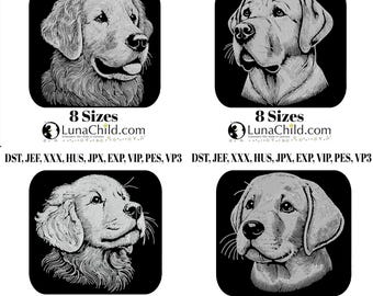 Stickdatei - Set 4 Motive - Golden Retriever +  Welpe - Labrador + Welpe - für dunkle Stoffe - jedes Motiv in 8 Größen - Hund - LunaChild