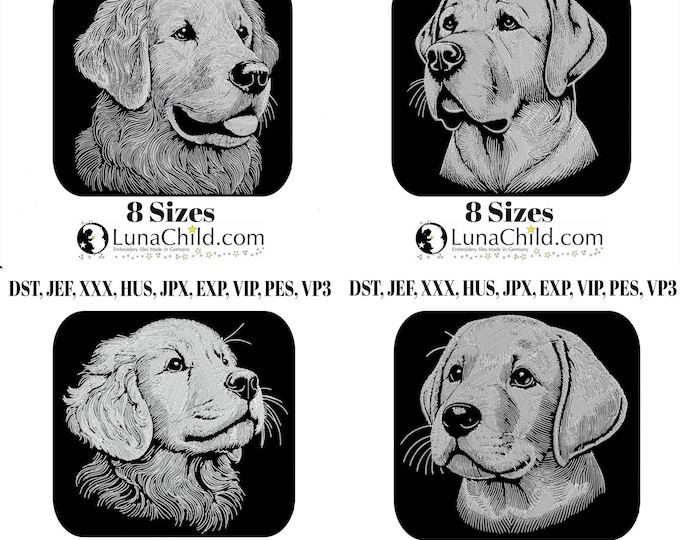 Stickdatei - Set 4 Motive - Golden Retriever +  Welpe - Labrador + Welpe - für dunkle Stoffe - jedes Motiv in 8 Größen - Hund - LunaChild