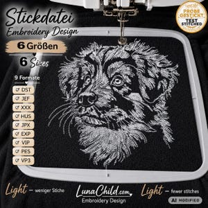 Australian Shepherd Puppy Embroidery Design “Frank” LIGHT | Realistic Dog Embroidery for Dark Fabrics | 6 Sizes | 2 Versions