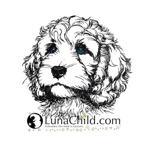 May include: Black and white line drawing of a puppy with blue eyes. The puppy is looking at the viewer. The image is from LunaChild.com, a website that sells embroidery files.