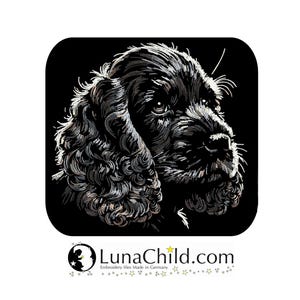 Könnte beinhalten: Schwarz-weiß-Linienzeichnung eines Cocker Spaniels mit geneigtem Kopf. Der Hund hat ein flauschiges Fell und einen süßen Ausdruck.