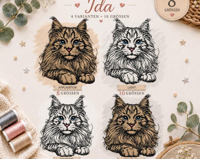 Stickdatei Set Maine Coon Katze „Ida“ – Applikation, Vollstick, Light & Standard – LunaChild