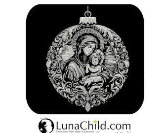 NEU Stickdatei Christbaumkugel Maria Jesus realistisch für dunkle Stoffe kommerzielle Nutzung LunaChild