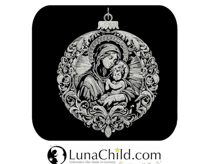 NEU Stickdatei Christbaumkugel Maria Jesus realistisch für dunkle Stoffe kommerzielle Nutzung LunaChild
