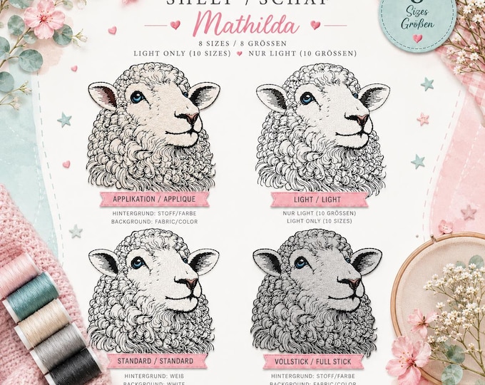 Stickdatei Schaf „Mathilda“ Set – Sheep Embroidery Design – Applikation, Vollstick, Standard & Light – 8–10 Größen – LunaChild