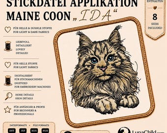 Stickmotiv Applikation Maine Coon „Ida“ – Katzen Stickmotiv – 8 Größen – LunaChild
