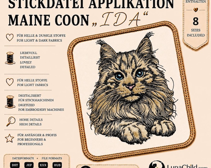 Stickmotiv Applikation Maine Coon „Ida“ – Katzen Stickmotiv – 8 Größen – LunaChild
