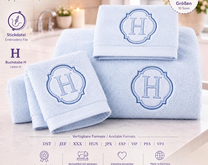 Embossed Embroidery File Letter „H“ • Monogram Towel Design • Bath Font 10 Sizes • LunaChild