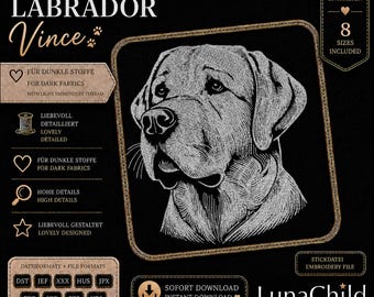 Labrador Embroidery Design "Vince" – Realistic Labrador Portrait – Dog Embroidery File – 8 Sizes – LunaChild