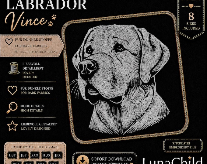 Labrador Embroidery Design "Vince" – Realistic Labrador Portrait – Dog Embroidery File – 8 Sizes – LunaChild