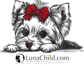 Neu Stickdatei Yorkshire Terrier "Elsa" Yorki Welpe Hund spähend realistisch kommerzielle Nutzung LunaChild