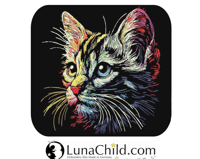 NEU AUFWENDIGE Stickdatei Katze "Lessly" realistisch bunt kommerzielle Nutzung LunaChild für dunkle Stoffe