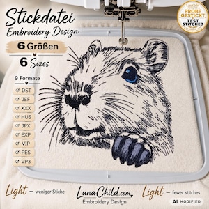 Capybara Embroidery Design “Teddy” | Realistic LIGHT Animal Design for Light Fabrics | 6 Sizes | 2 Versions