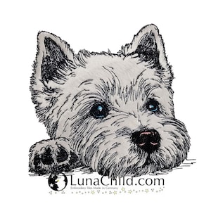 May include: An embroidered image of a West Highland White Terrier dog with white fur and black detailing. The dog has blue eyes and a pink nose. The image includes the text "LunaChild.com" and "Embroidery files Made in Germany".