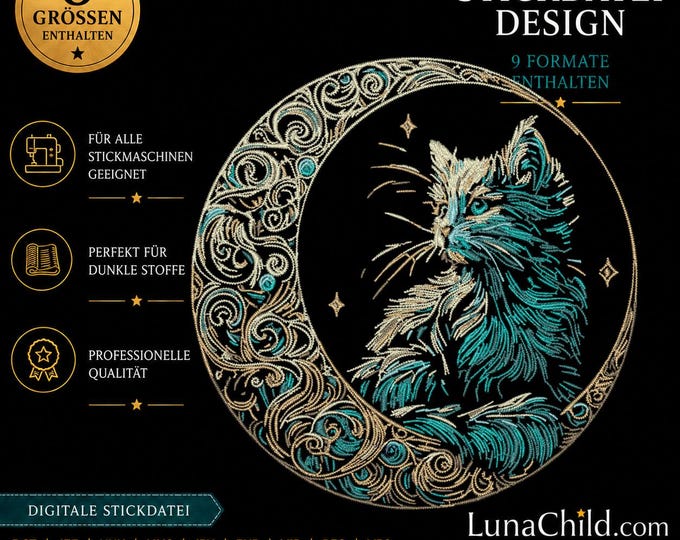 Mystical Moon Cat Embroidery Design "Marbel" • Fantasy Cat Embroidery Pattern • Black Fabric Embroidery File • 8 Sizes • LunaChild