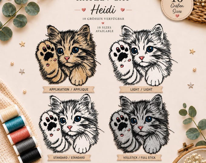 Stickdatei Set Katze „Heidi“ – Tabby Kitten Embroidery Design – Applikation, Vollstick, Standard & Light – 10 Größen – LunaChild