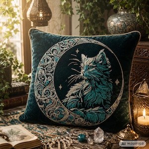 Puede incluir: Un cojín cuadrado de terciopelo azul verdoso oscuro con un bordado detallado en oro y turquesa de un gato sentado dentro de una luna creciente. El diseño incluye patrones de remolinos y estrellas, con un borde de cordón dorado.