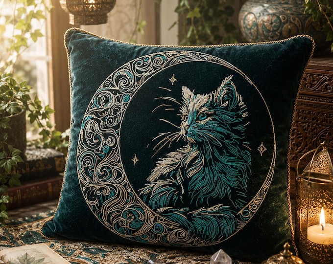 Moon Cat Embroidery Design “Marbel” | Mystical Cat Embroidery for Dark Fabrics | 8 Sizes | 2 Versions