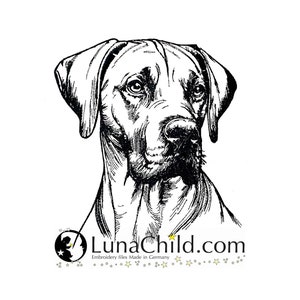 Puede incluir: Dibujo en blanco y negro de la cabeza de un perro, posiblemente un Rhodesian Ridgeback, mirando hacia la derecha. El perro tiene una expresión seria. La imagen incluye el texto "LunaChild.com" y "Embroidery files Made in Germany".