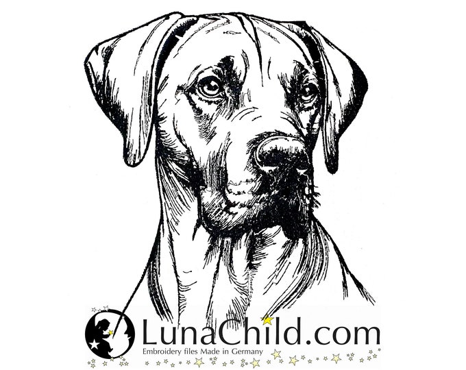 Stickdatei Rhodesian Ridgeback "Dano" Hund spähend realistisch kommerzielle Nutzung LunaChild