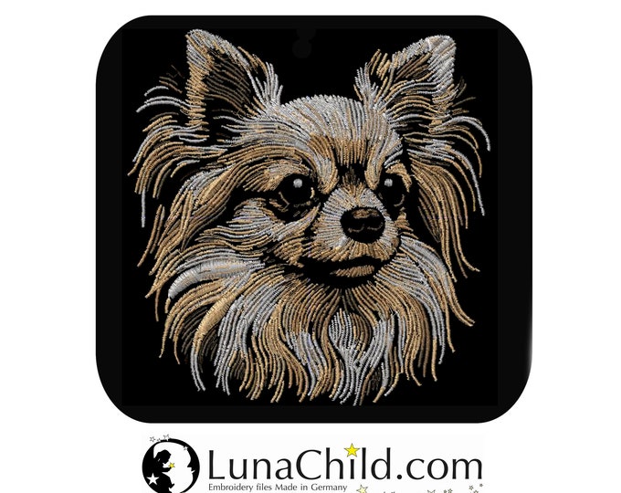 Stickdatei Chihuahua langhaarig "Alex " Hund in Naturfarben  realistisch für dunkle Stoffe kommerzielle Nutzung LunaChild
