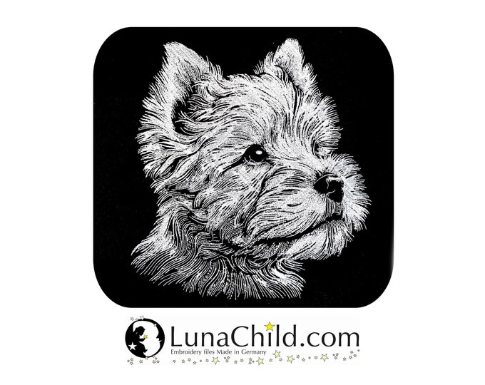 Stickdatei West Highland White Terrier Welpe "Fips" Hund realistisch für dunkle Stoffe kommerzielle Nutzung LunaChild