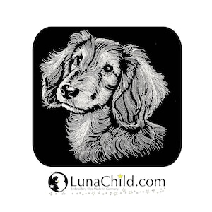 May include: Black and white line art illustration of a dog's head with floppy ears. The dog is looking to the left. The image is on a black background.