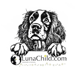 May include: Black and white illustration of a Springer Spaniel dog looking up with its paws on a sign that says "LunaChild.com Handmade in Germany".
