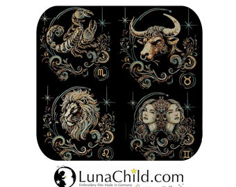 Variant 1 New Set 50% COMPLEX embroidery files 12 x Zodiac sign Zodiac horoscope constellation realistic LunaChild for dark fabrics