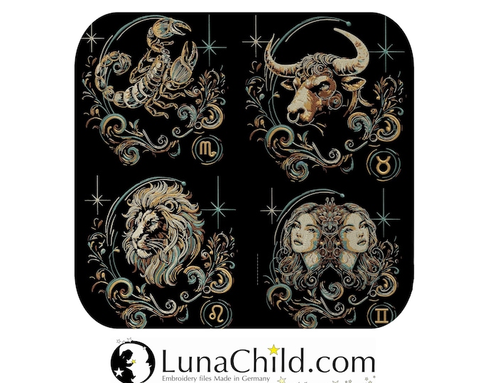 Variant 2 New Set 50% COMPLEX embroidery files 12 x Zodiac sign Zodiac horoscope constellation realistic LunaChild for dark fabrics