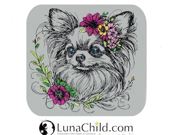 Stickdatei AUFWENDIGE Chihuahua langhaar "Mina" Hund realistisch bunt kommerzielle Nutzung LunaChild für helle Stoffe