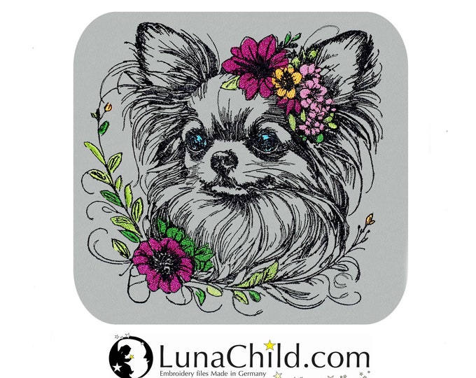Embroidery file Chihuahua longhair "Mina" dog realistic colorful commercial use LunaChild for light fabrics