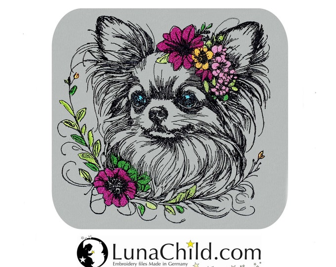 Stickdatei AUFWENDIGE Chihuahua langhaar "Mina" Hund realistisch bunt kommerzielle Nutzung LunaChild für helle Stoffe