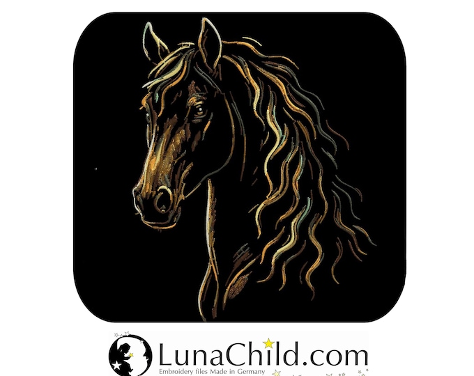 Embroidery design horse "Aurora" – Intricate & detailed – For dark fabrics – 8 sizes – LunaChild embroidery pattern